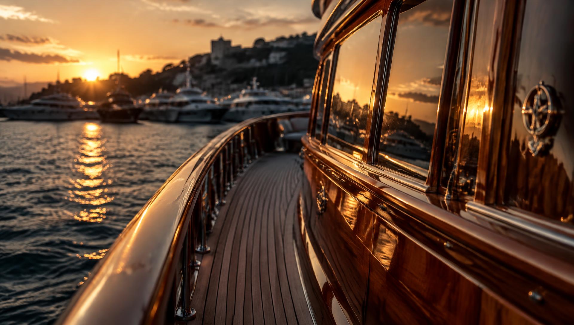 High-gloss varnished brightwork on a classic yacht at sunset