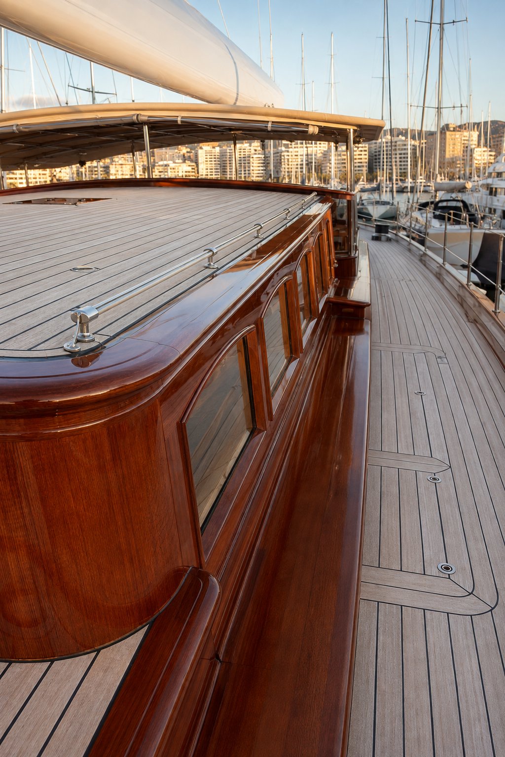Polished varnished yacht deck and railings in a marina