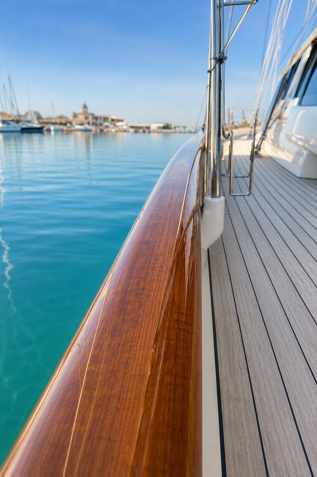 Glossy varnished rail above turquoise water