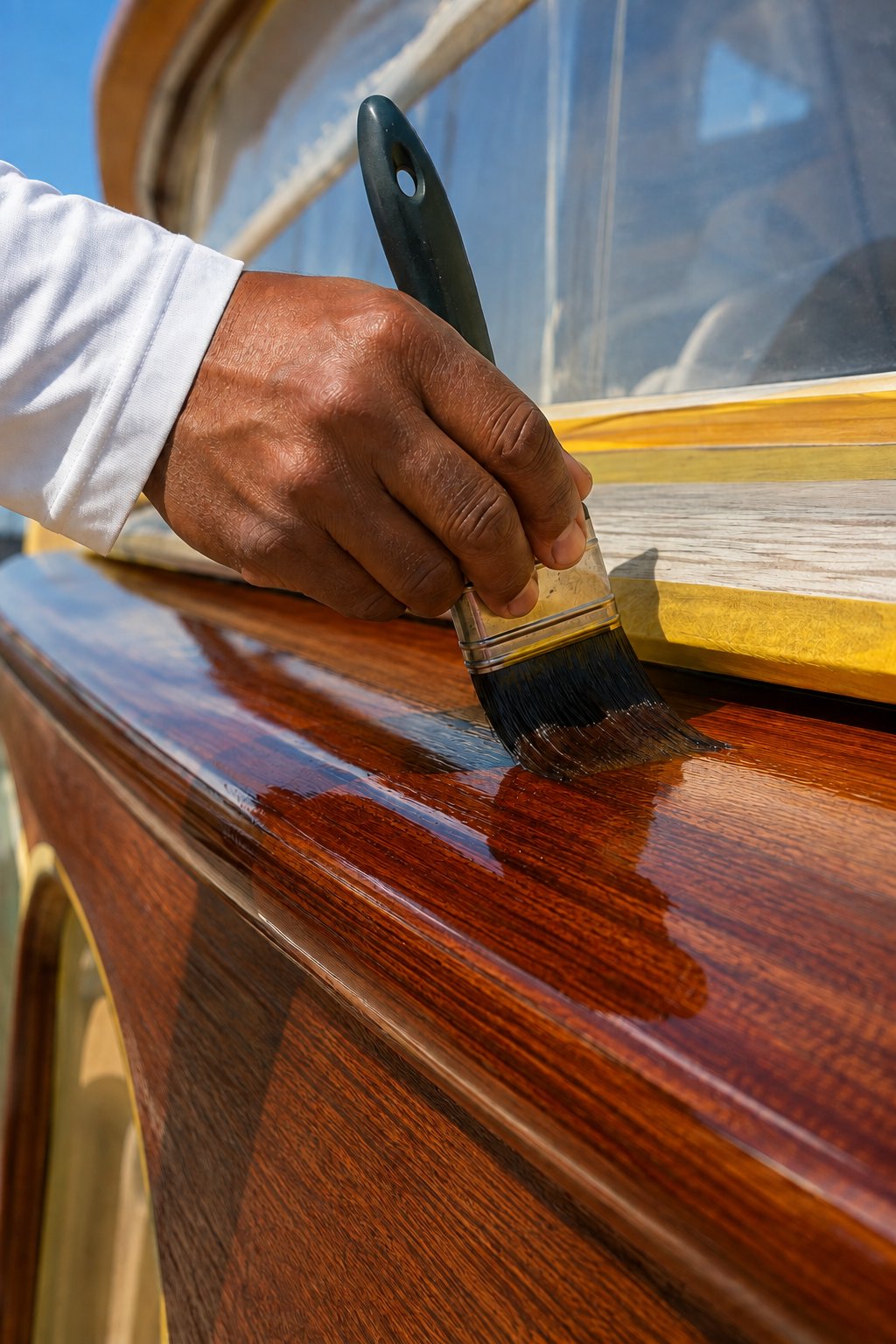 Varnish being laid off by hand on polished yacht timber
