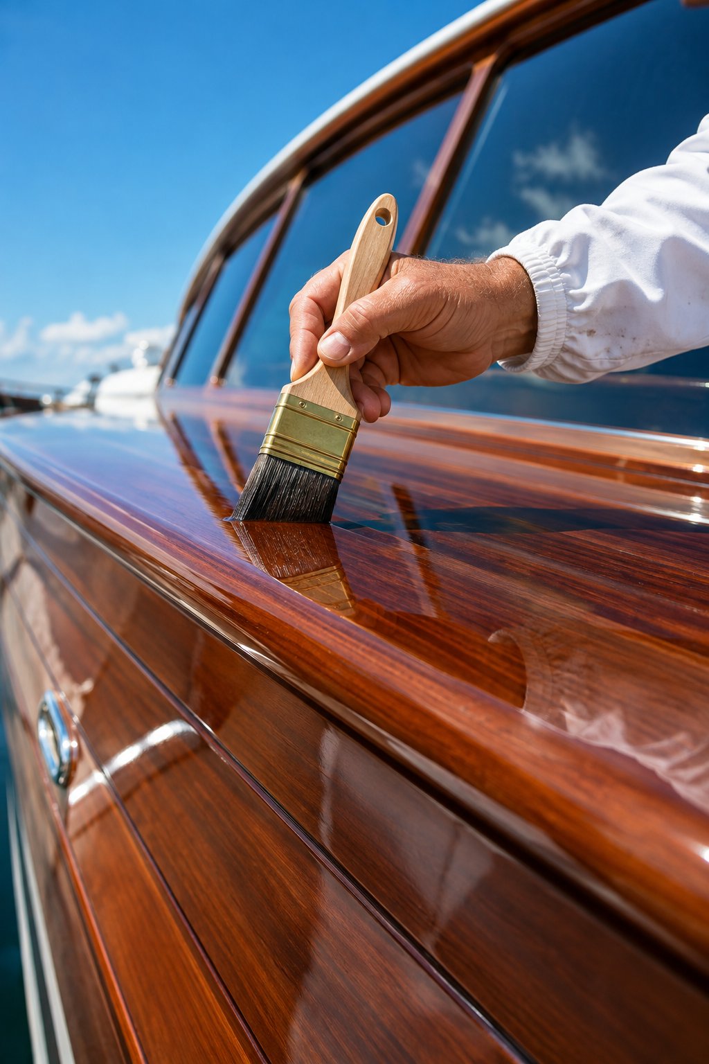 Varnish being brushed onto a yacht's timber topsides